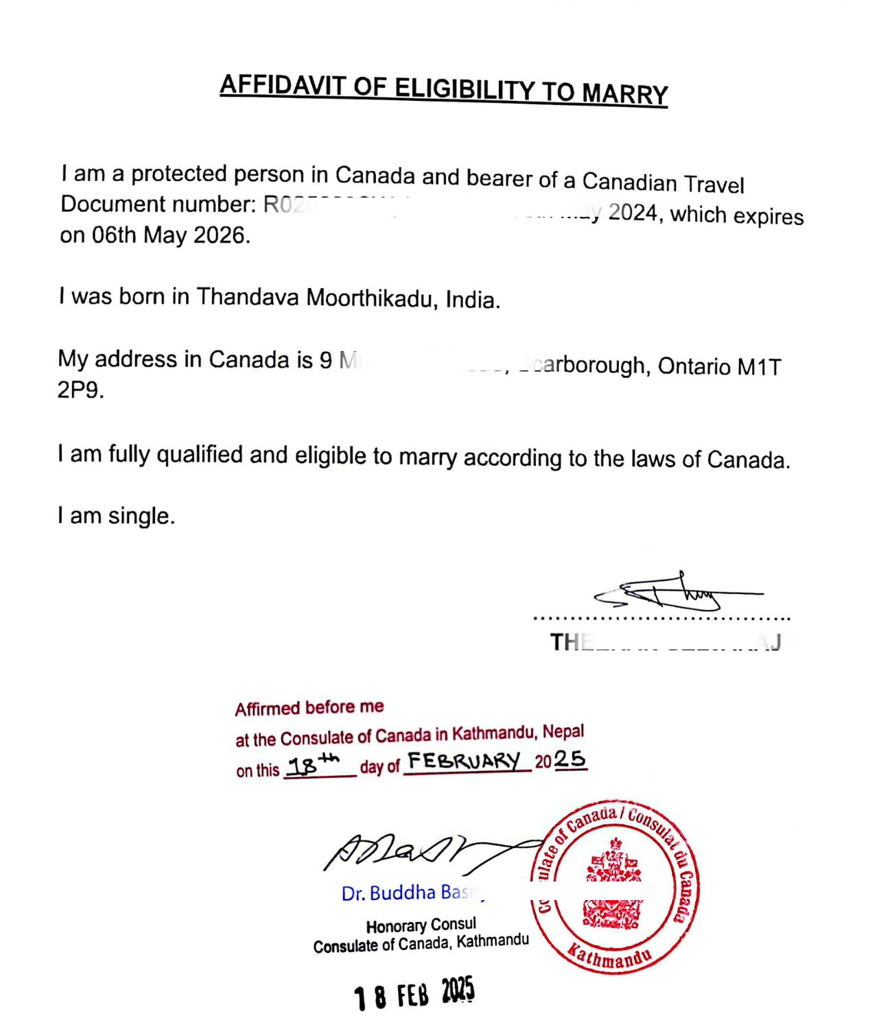 Affidavit of Travel Document Holder Indian Citizens