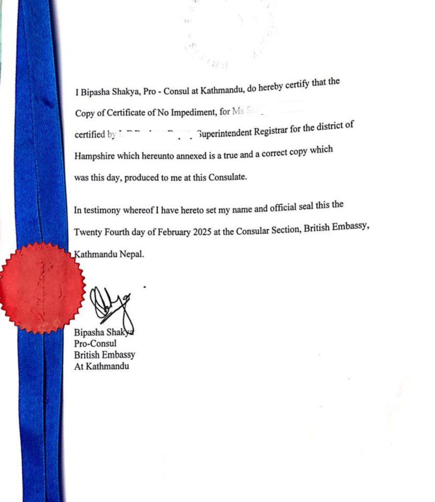 CNI from the British Embassy in Kathmandu